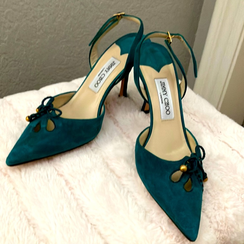 Jimmy Choo Beautiful Teal Color Suede heels with black detailing.  Size 38